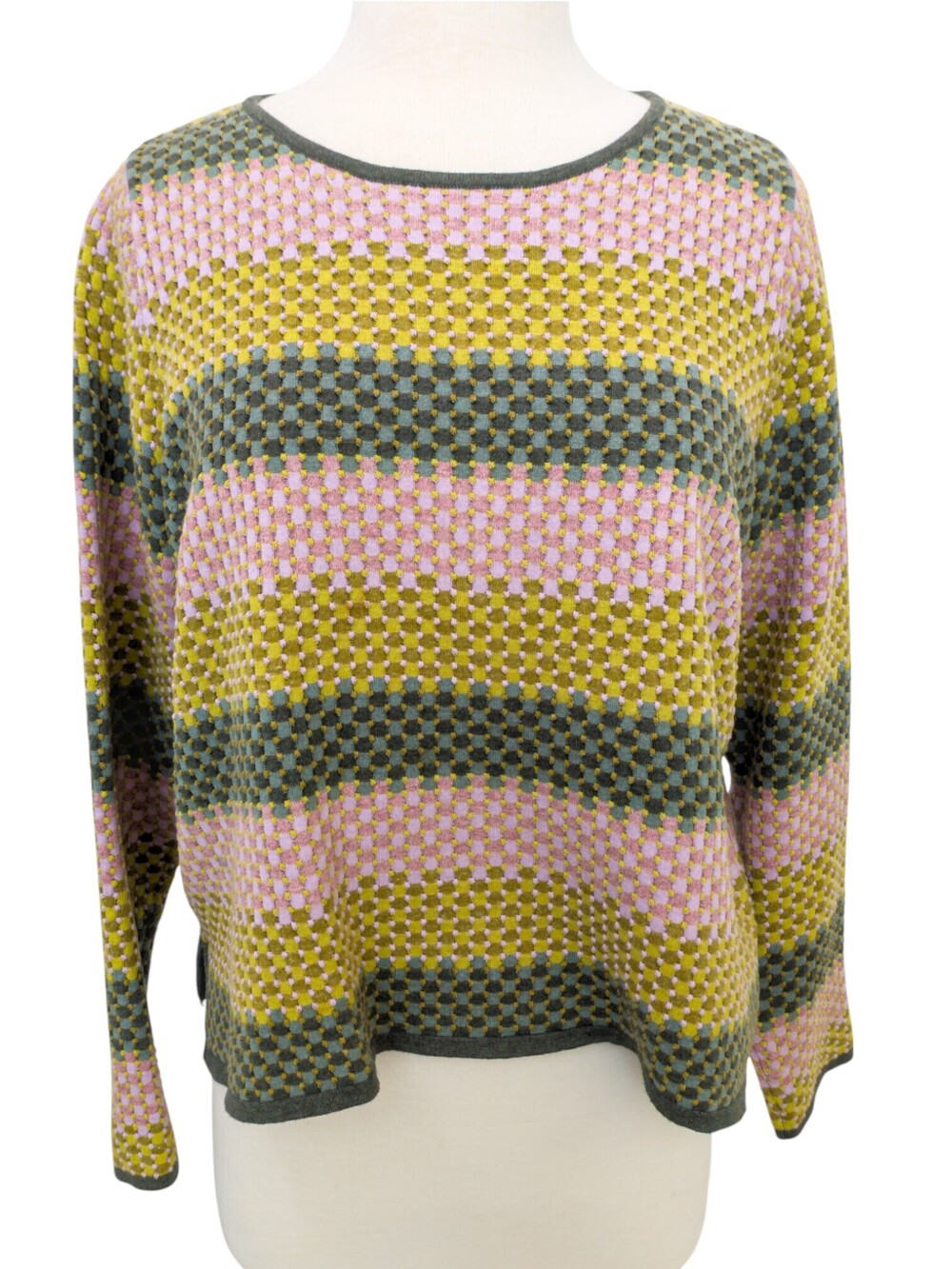 Mansted Textured Striped Cotton Sweater, Sz M, Pink/Chartreuse/Green Boxy Crop